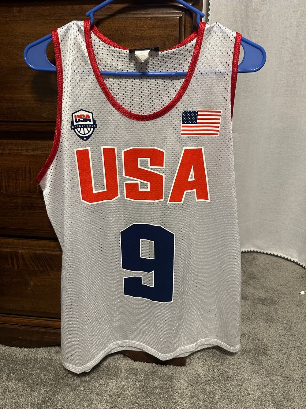 USA Jordan # 9 White Basketball Jersey with Red Trim